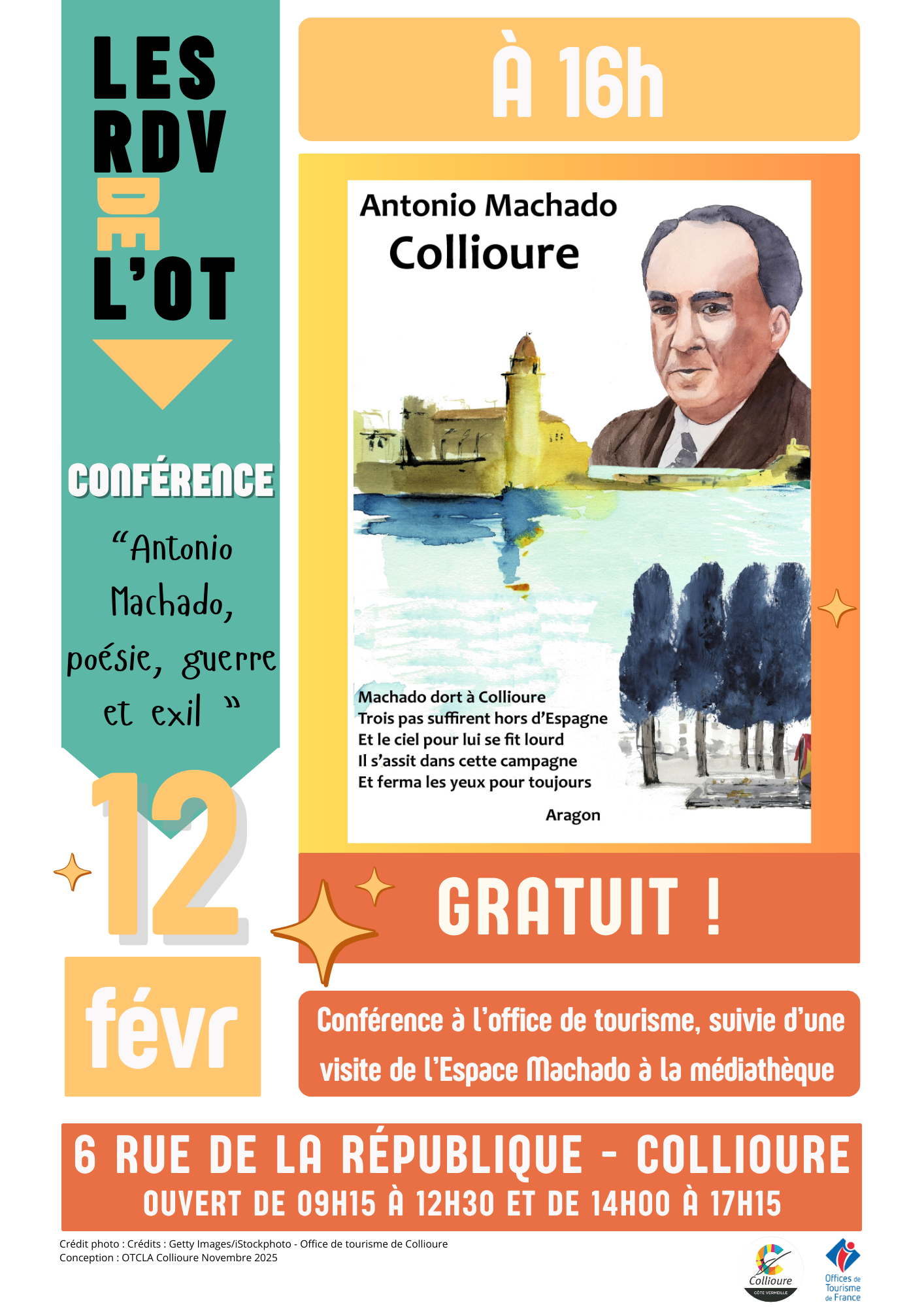 Les RDV de l’OT: « Rencontre à Collioure : Antonio Machado, poésie, guerre et exil », 12 février